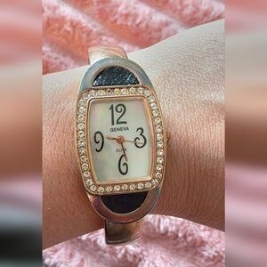 Geneva Elite #1808 Crystal Accent Gold Cuff Watch | Mother of Pearl Dial | Japan